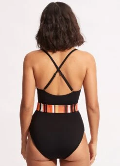 Sun Stripe One Piece With Belt - Black -Fashion Swimwear Store 11028 947 Black 4