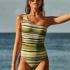 Sun Stripe One Shoulder One Piece - Avocado 1 Sun Stripe One Shoulder One Piece - Avocado -Fashion Swimwear Store 11054 947 Avocado 1