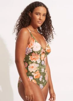 Paradise Garden Tab Front One Piece - Avocado -Fashion Swimwear Store 11063 960 Avocado 3