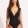 Second Wave V Neck One Piece - Black -Fashion Swimwear Store 11086 968 Black 2