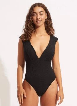 Second Wave V Neck One Piece - Black
