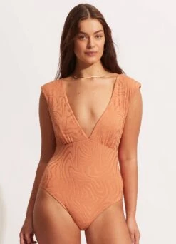 Second Wave V Neck One Piece - Copper Tan
