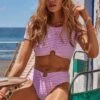 Sorrento Stripe Short Sleeve Ring Crop Top - Parfait Pink 2 Sorrento Stripe Short Sleeve Ring Crop Top - Parfait Pink -Fashion Swimwear Store 31443 027 ParfaitPnk 1