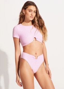 Sorrento Stripe Short Sleeve Ring Crop Top - Parfait Pink 10 Sorrento Stripe Short Sleeve Ring Crop Top - Parfait Pink -Fashion Swimwear Store 31443 027 ParfaitPnk 5