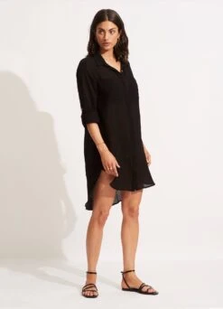 Crinkle Twill Beach Shirt - Black -Fashion Swimwear Store 53108 CU Black 3