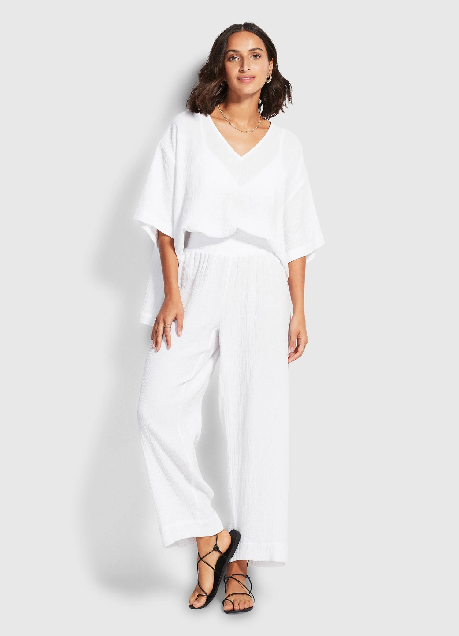 Double Cloth Shirred Pants - White 3 Double Cloth Shirred Pants - White