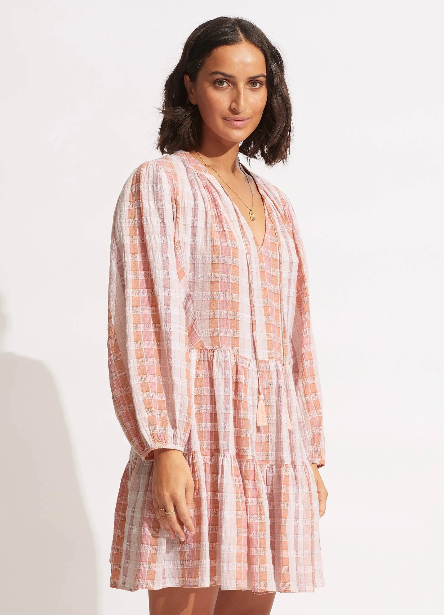 Textured Gingham Tiered Dress- Lilac 5 Textured Gingham Tiered Dress- Lilac - Image 3