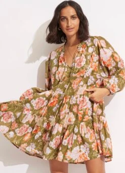 Paradise Garden Tiered Dress- Avocado