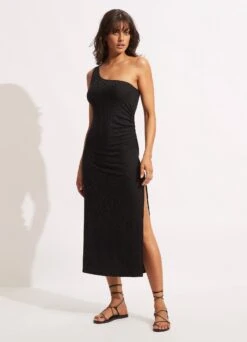 Second Wave One Shoulder Midi Dress - Black -Fashion Swimwear Store 54804 DR Black 3