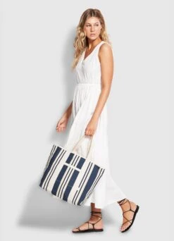 Multi Stripe Canvas Tote - True Navy